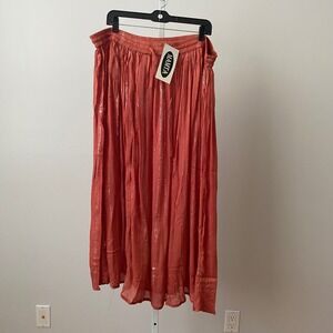 Mamta Boho Beachy Relaxed Coastal Ethereal Metallic Stripe Maxi Skirt OS Red